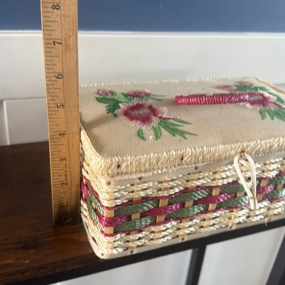 Vintage Wicker Sewing Box pink floral embroidered Lid with Built-in Pin Cushion